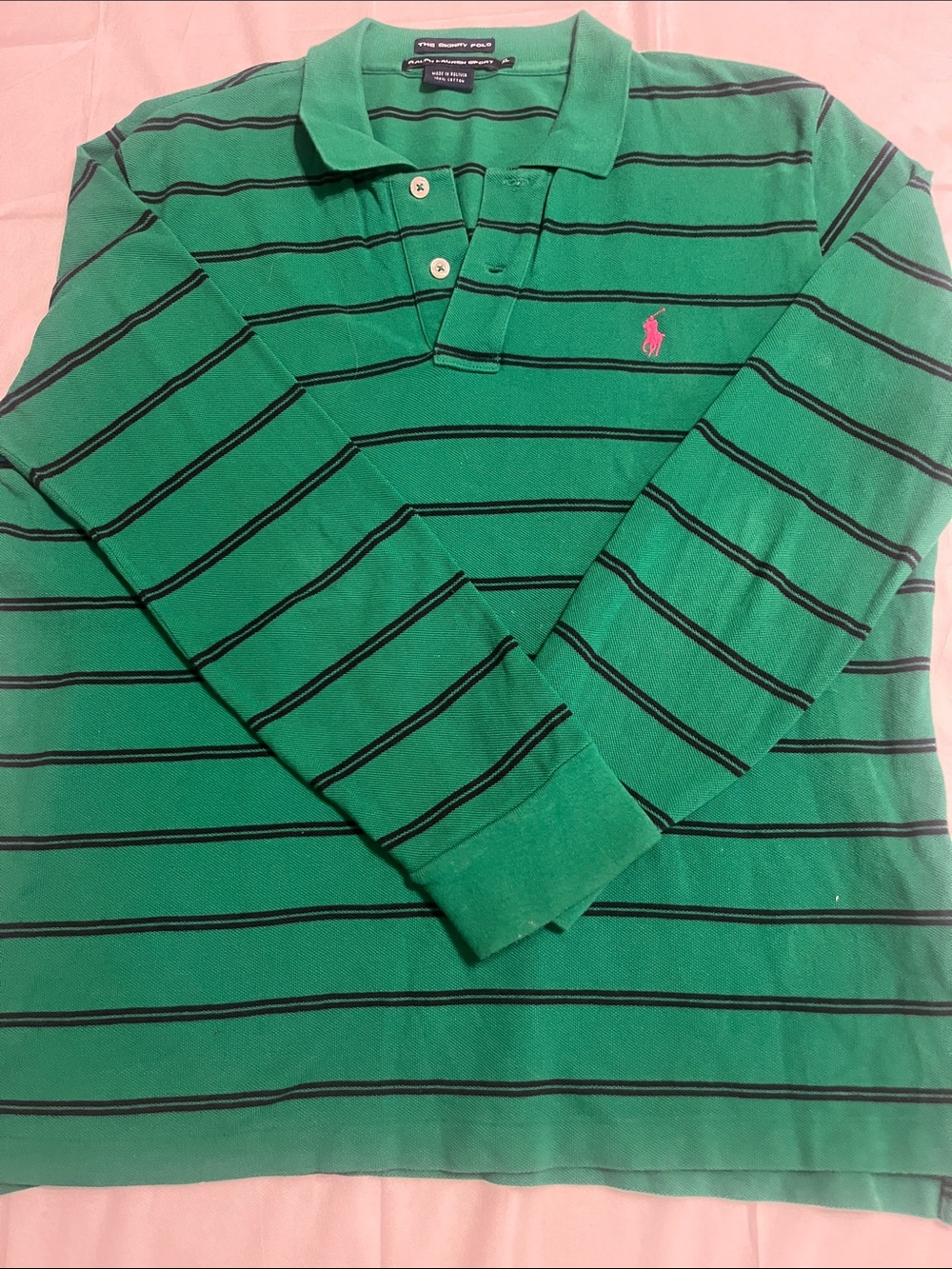 Polo by Ralph Lauren The Skinny Green Striped Long-Sleeve Polo with Pink Logo